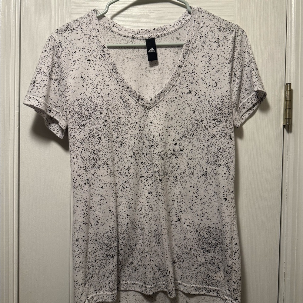 Adidas Women's Black and White Speckled V-Neck Tee